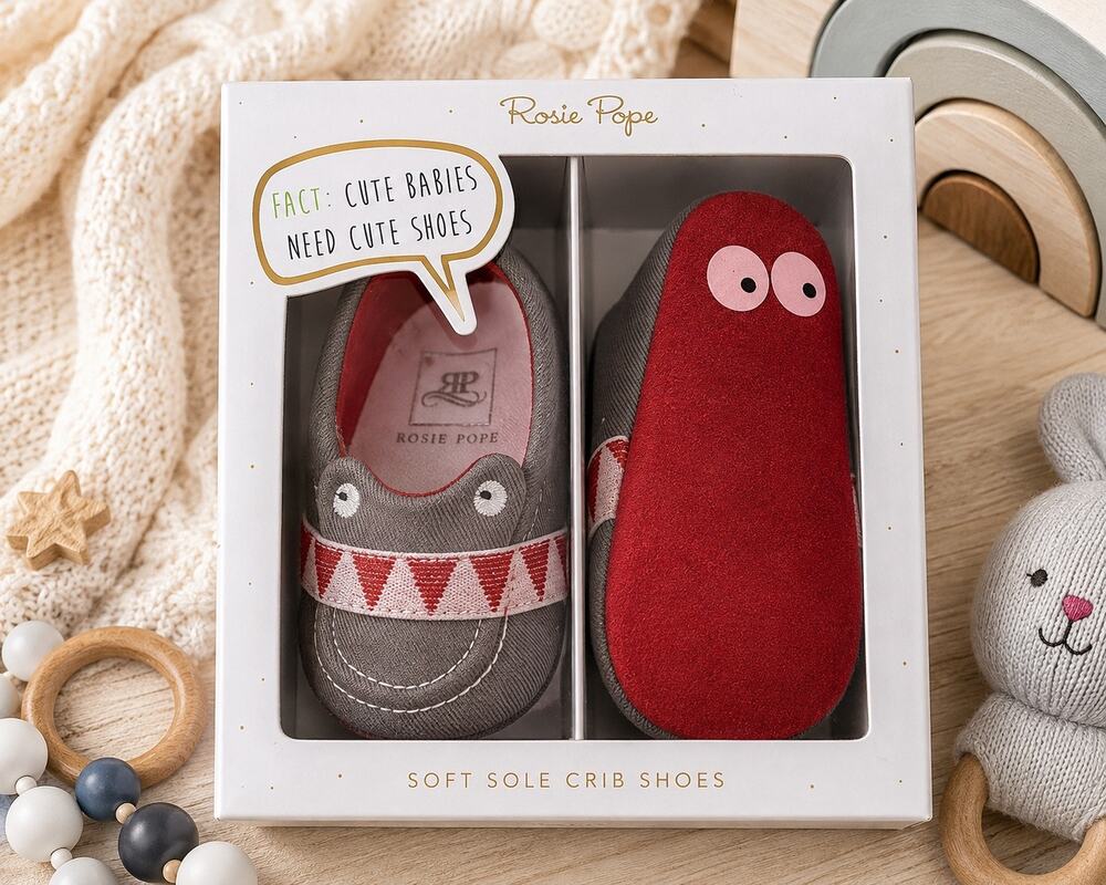 Rosie Pope 'I See You' Adorable Crib Shoe. Gray And Red. Size 3-6 Months. Gift